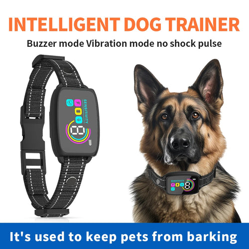 Rechargeable bark stopper for dogs by Shopi Vella with buzzer and vibration modes no shock pulse