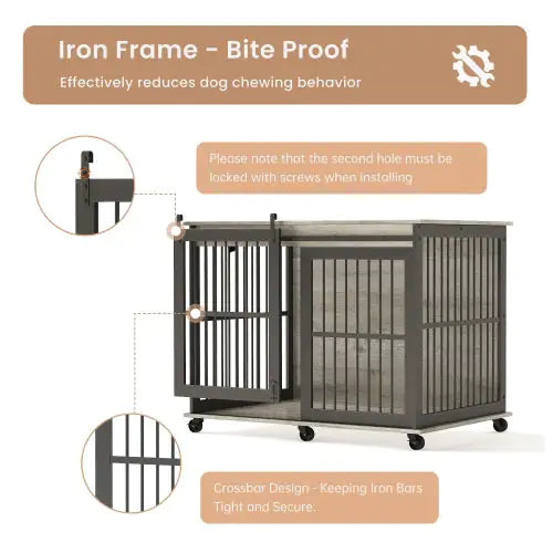 Iron dog cage with mat featuring bite-proof iron frame and secure crossbar design on wheels