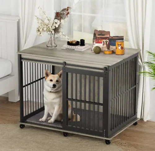 Iron dog cage with mat featuring a cozy dog inside and a wooden top used as a side table