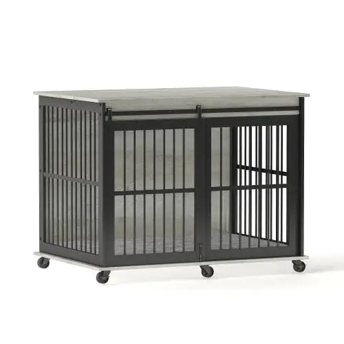 Black iron dog cage with mat and wheels for easy mobility and secure pet containment