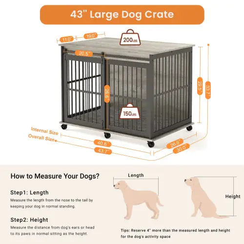 43 inch iron dog cage with mat large dog crate with wheels and detailed size measurements
