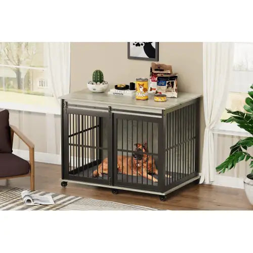 Iron dog cage with mat featuring a sliding door and storage top, housing a resting dog indoors