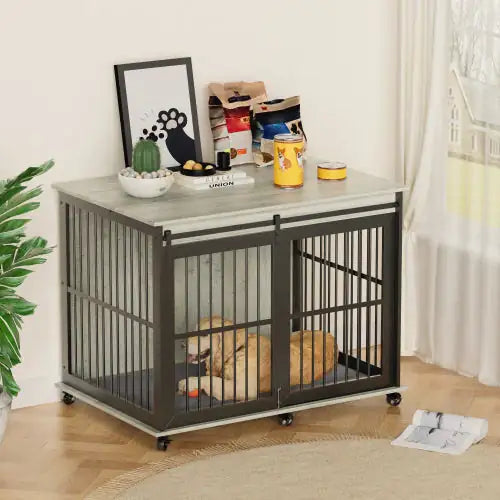 Iron dog cage with mat featuring a sturdy black metal frame and rolling wheels in a living room setting