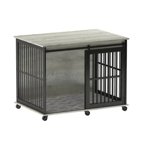 Black iron dog cage with mat and wooden top panel on wheels for easy mobility