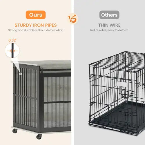 Comparison of sturdy iron dog cage with mat featuring thick iron pipes versus a thinner wire cage