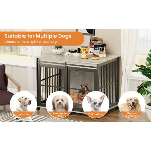 Iron dog cage with mat suitable for multiple dogs featuring secure double doors in living room