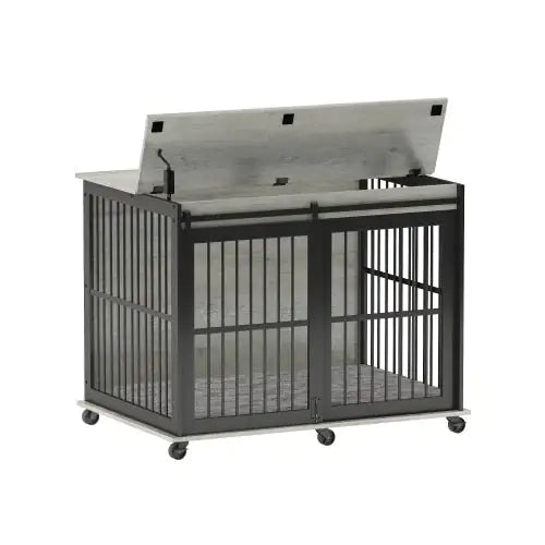 Black iron dog cage with mat featuring a lift-up top door and wheels for easy mobility