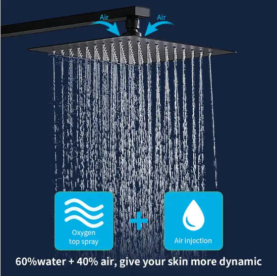 Matte black rainfall shower system with oxygen top spray and air injection for enhanced water flow