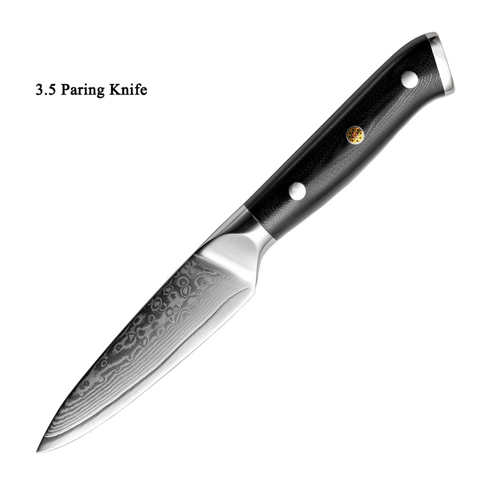 Shopi Vella 3.5 inch Japanese Damascus steel kitchen knife with black handle and patterned blade