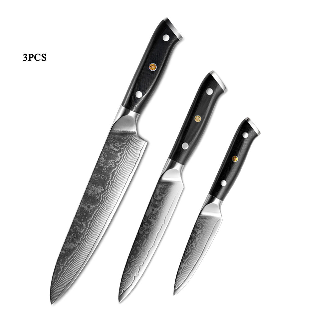 Set of three Japanese Damascus steel kitchen knife blades with black ergonomic handles