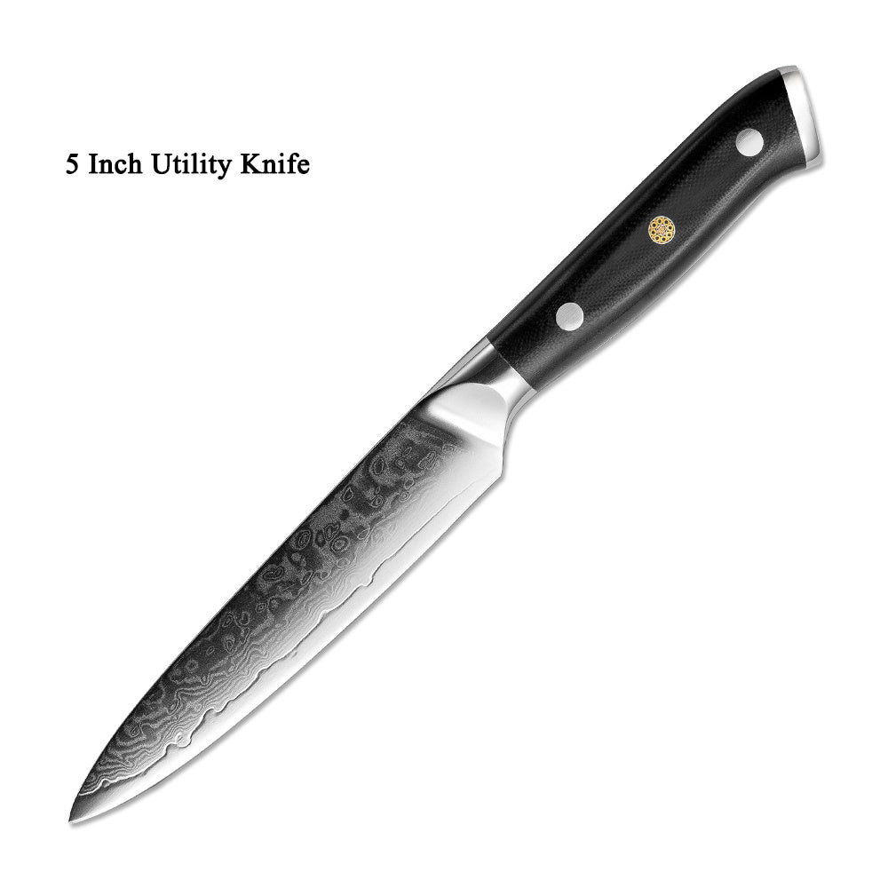 Shopi Vella 5 inch Japanese Damascus steel kitchen knife with black handle and intricate blade pattern