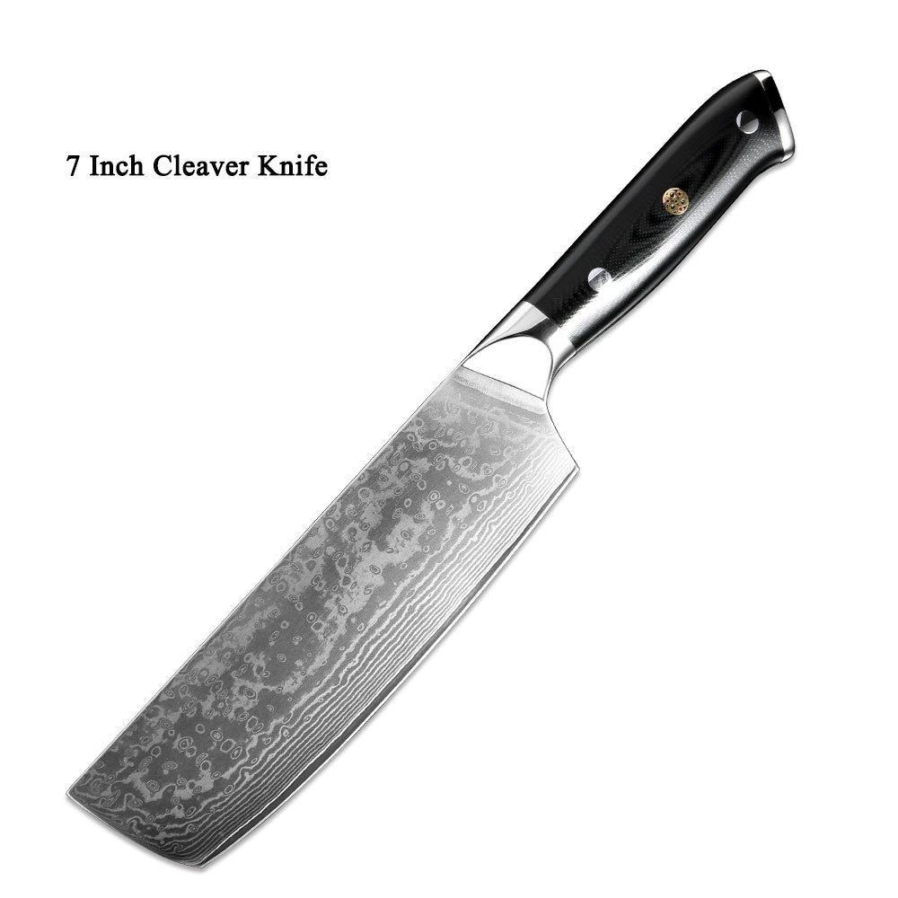 Shopi Vella 7 inch Japanese Damascus steel kitchen knife cleaver with patterned blade and black handle