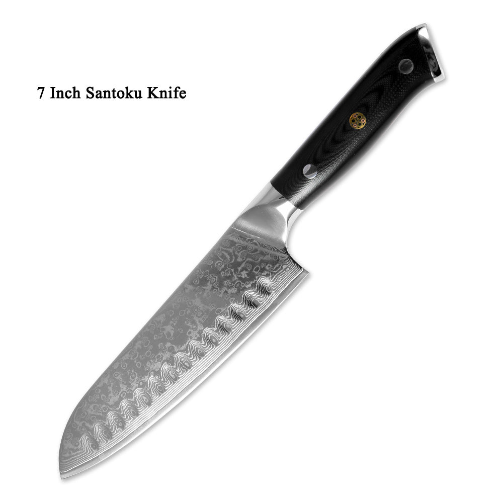 7 inch Santoku Japanese Damascus steel kitchen knife with black ergonomic handle