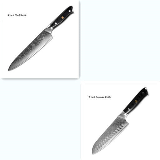 Shopi Vella Japanese Damascus steel kitchen knife set featuring 8 inch chef knife and 7 inch Santoku knife with black handles