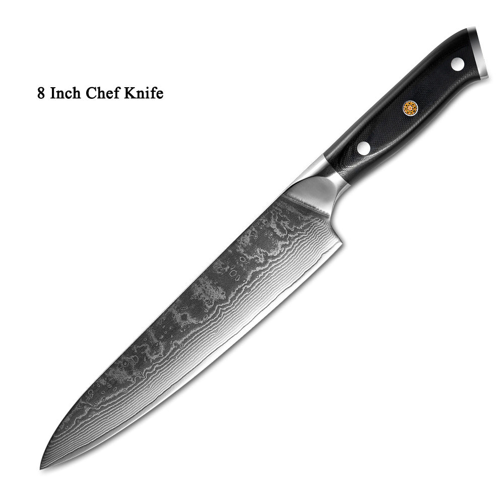 8 inch Japanese Damascus steel kitchen knife with black ergonomic handle and sharp patterned blade