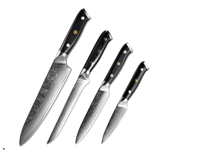 Set of four Japanese Damascus steel kitchen knife blades with black ergonomic handles by Shopi Vella