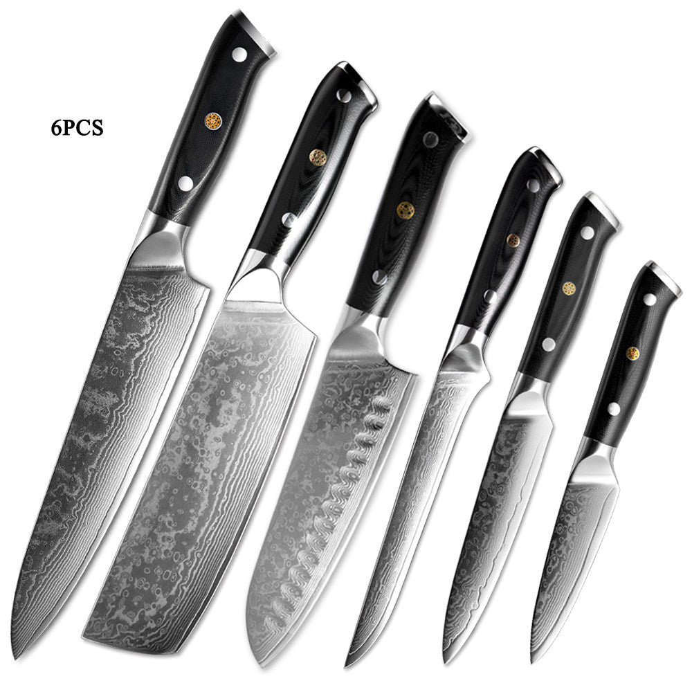 Shopi Vella 6-piece Japanese Damascus steel kitchen knife set with black handles for precision cutting