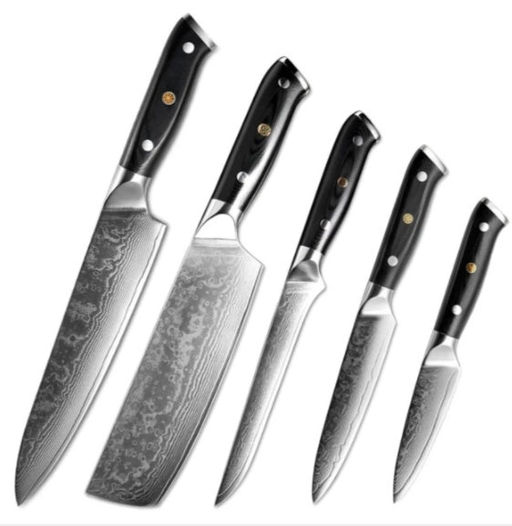 Shopi Vella Japanese Damascus steel kitchen knife set with five blades and black handles