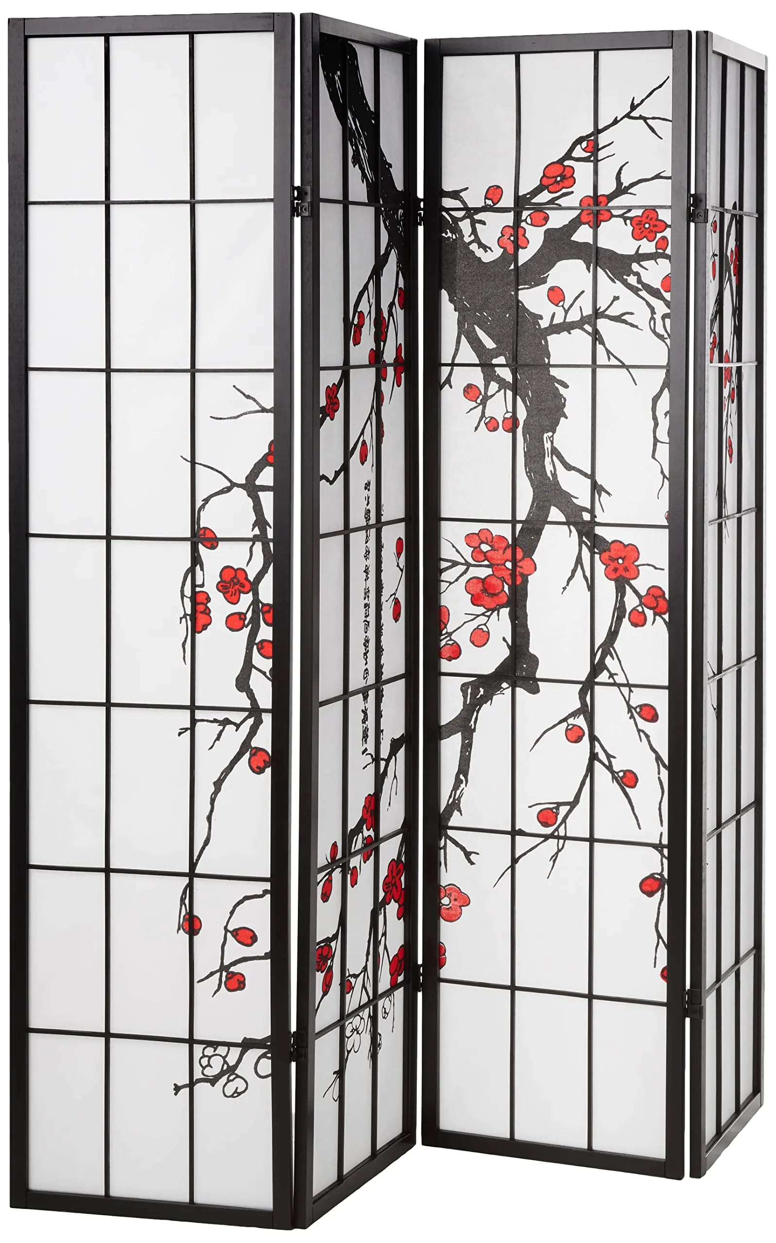 Japanese style room divider with black frame and white panels featuring red cherry blossom design
