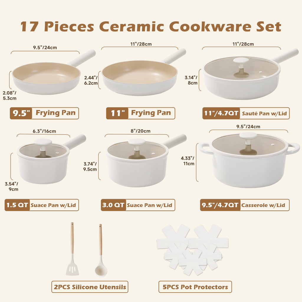 Shopi Vella 17-piece ceramic cookware set featuring healthy induction cookware with removable handles including frying pans, sauce pans, casserole, silicone utensils, and pot protectors