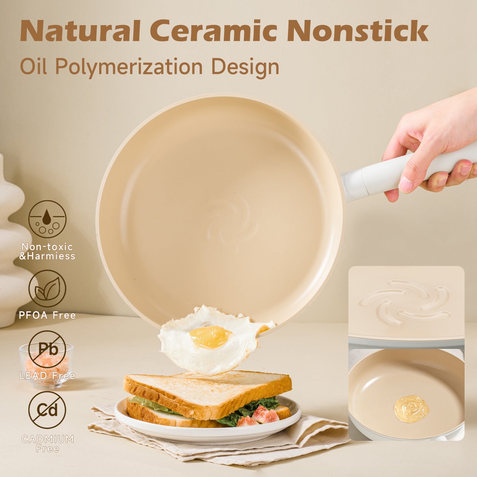 Healthy induction cookware with removable handles natural ceramic nonstick frying pan cooking fried egg and toast