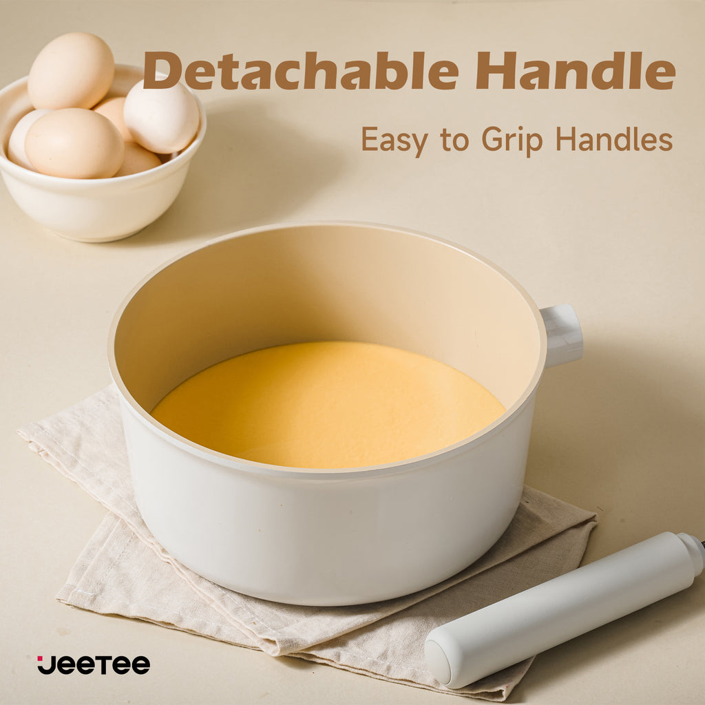 Shopi Vella healthy induction cookware with removable handles featuring a beige pot and detachable handle