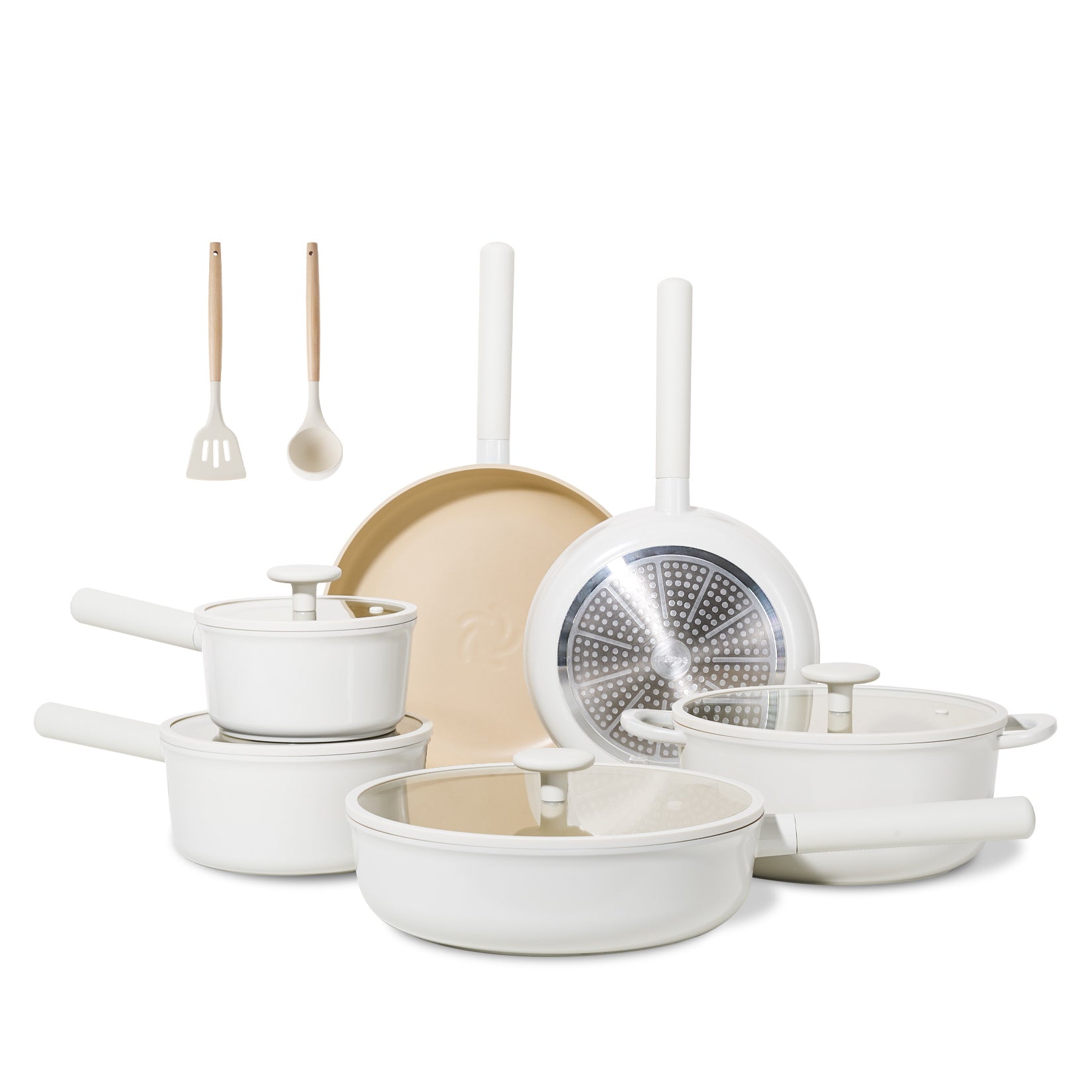 Shopi Vella healthy induction cookware with removable handles set including pots pans and kitchen utensils in white