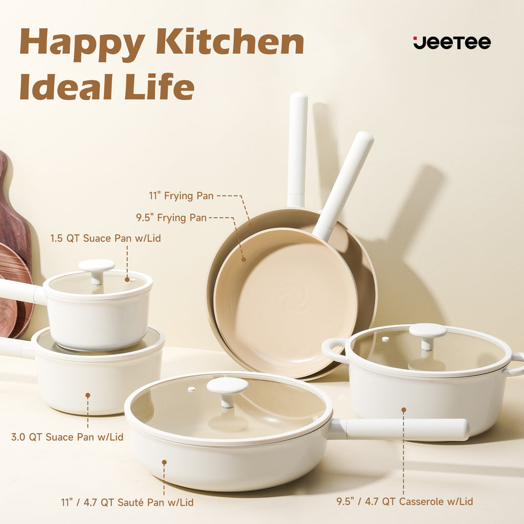 Healthy induction cookware with removable handles set including frying pans, sauce pans, and casserole pans in white