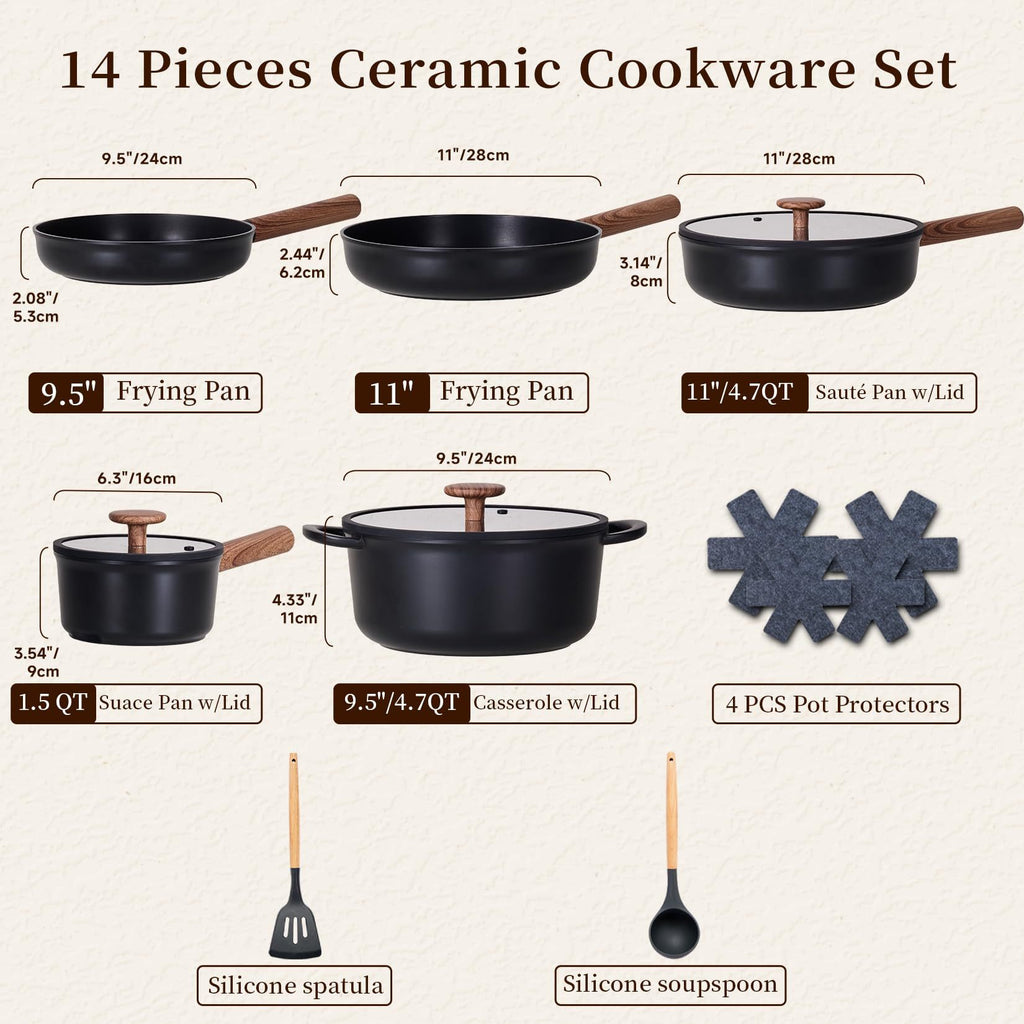 Shopi Vella 14 piece ceramic cookware set including non stick pots and pans with removable handles and silicone utensils