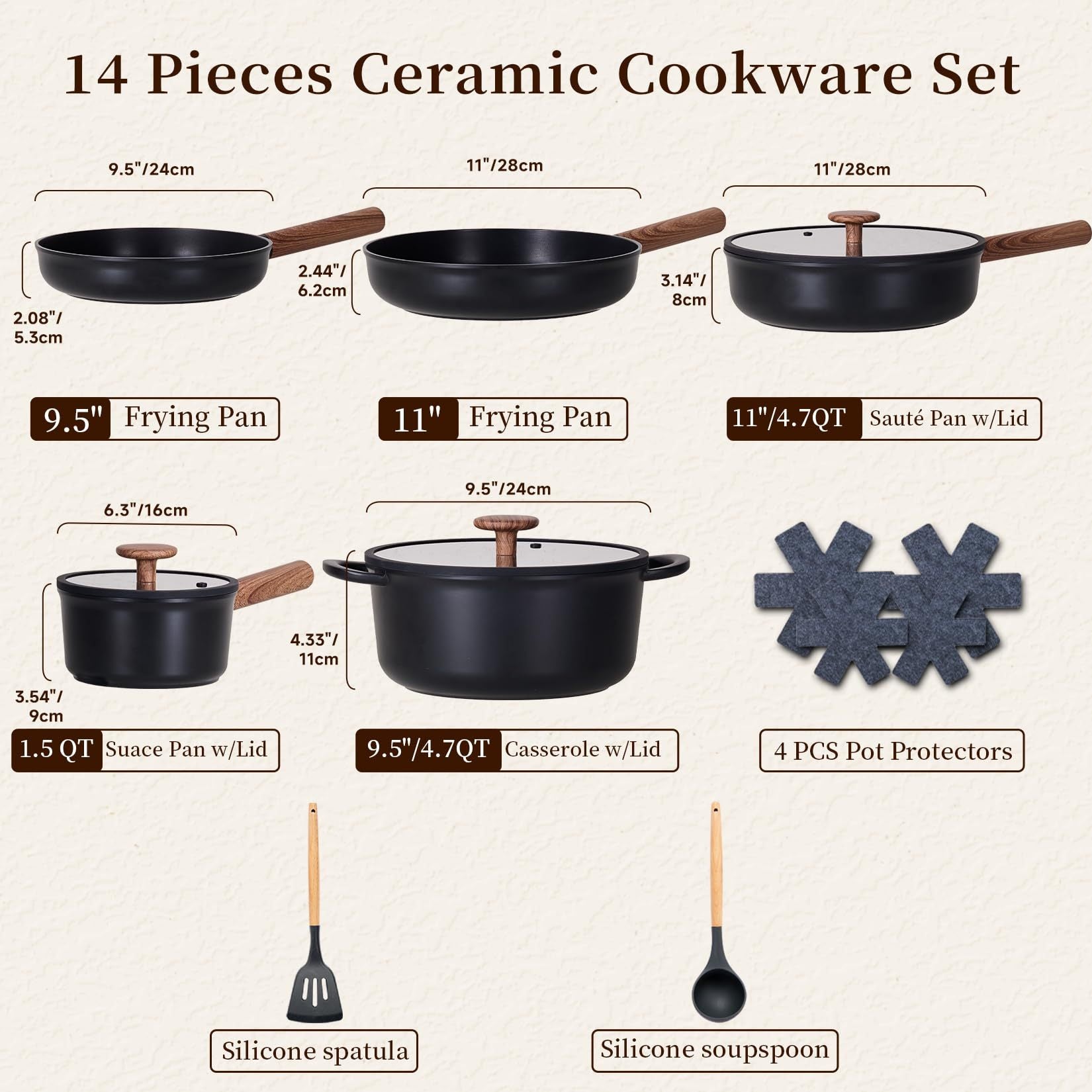 Shopi Vella 14 piece ceramic cookware set including non stick pots and pans with removable handles and silicone utensils
