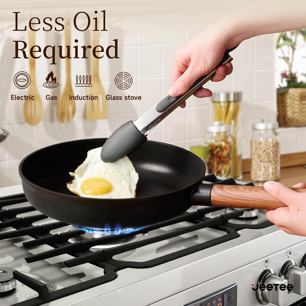 Shopi Vella non stick pots and pans with removable handles frying egg on stove using less oil