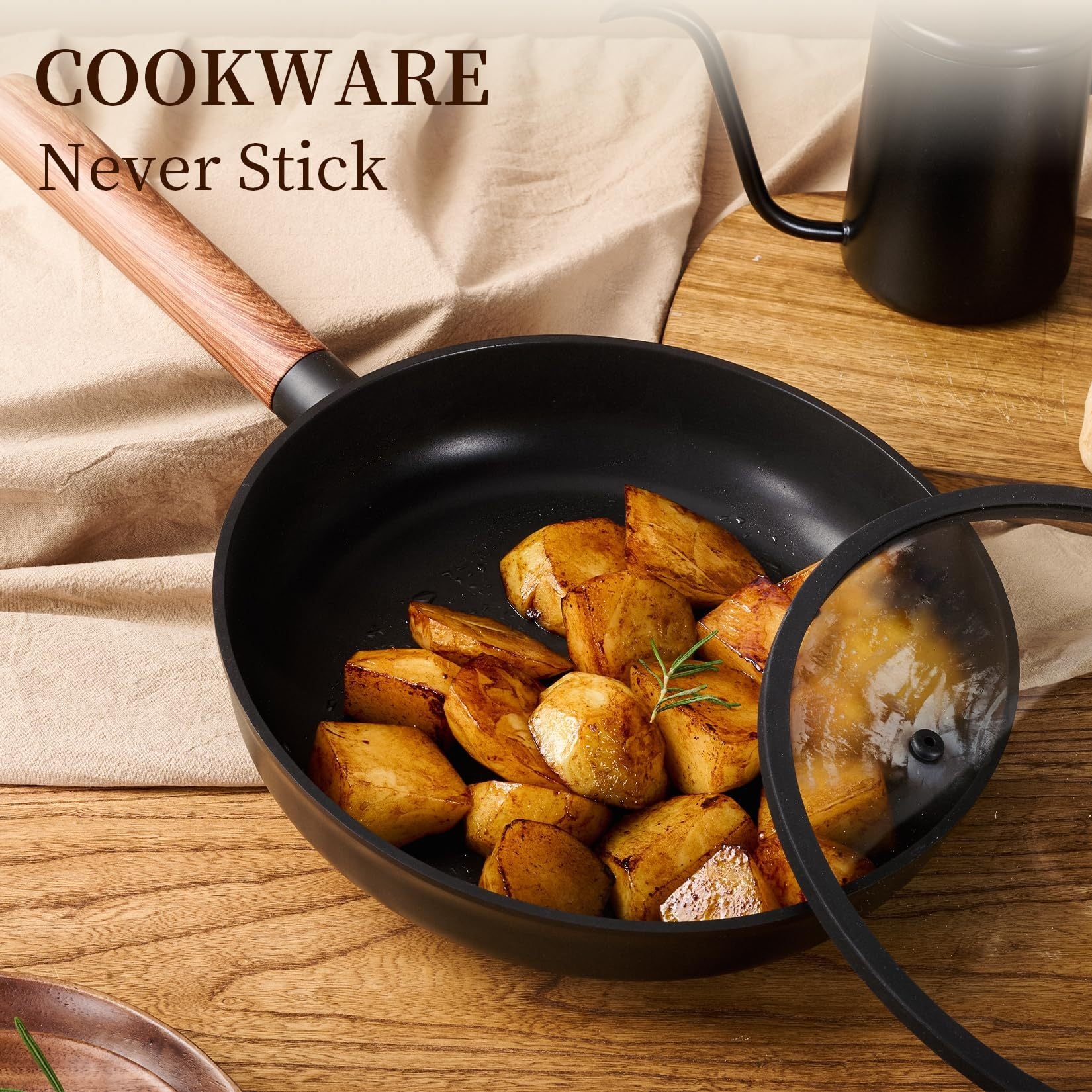 Non stick pots and pans with removable handles frying golden roasted potatoes on wooden table