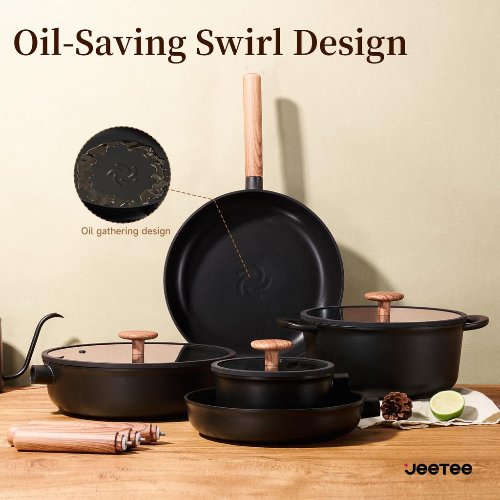 Shopi Vella non stick pots and pans with removable handles featuring oil-saving swirl design for home storage