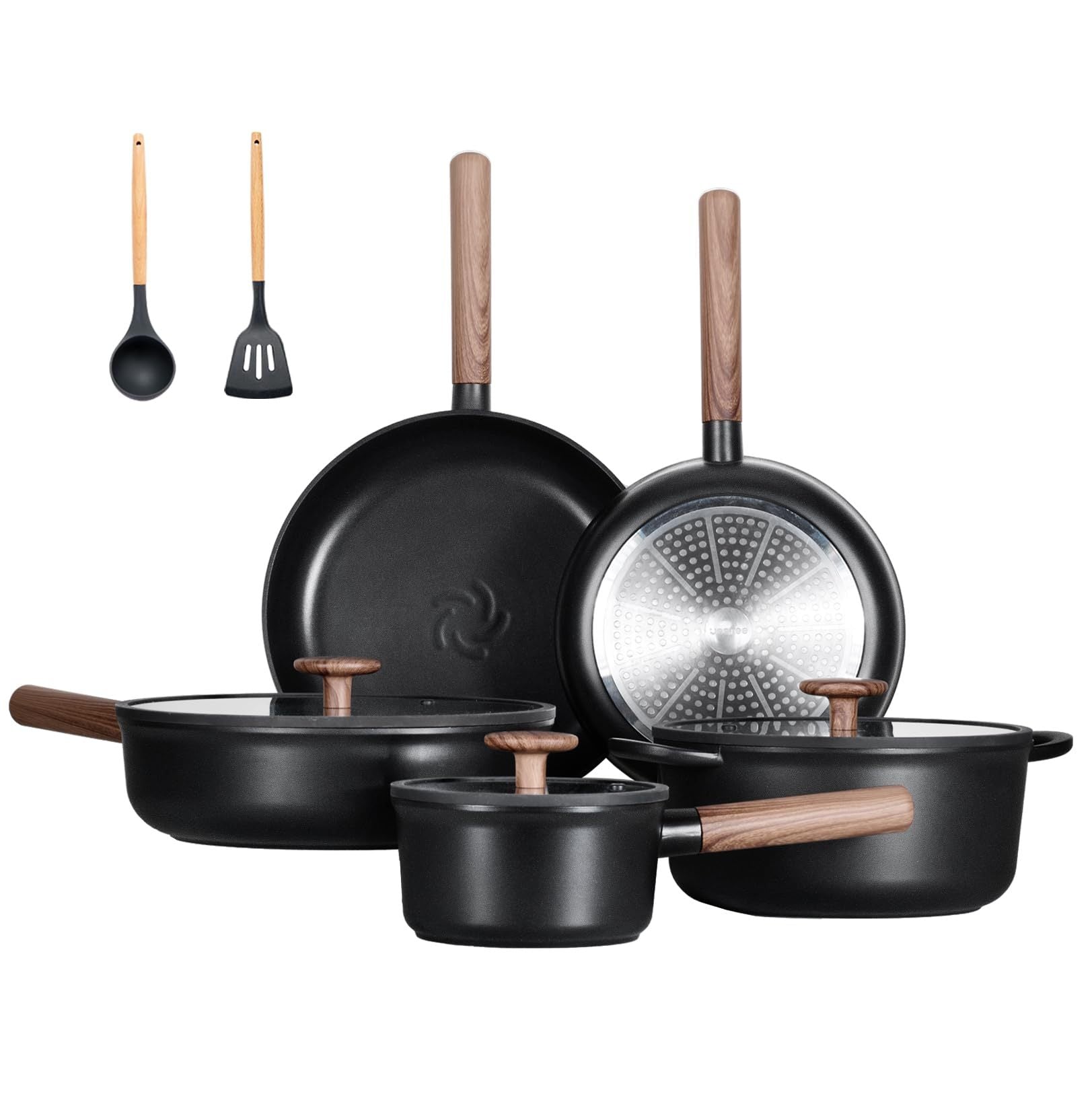 Shopi Vella non stick pots and pans with removable handles and wooden handles set with cooking utensils