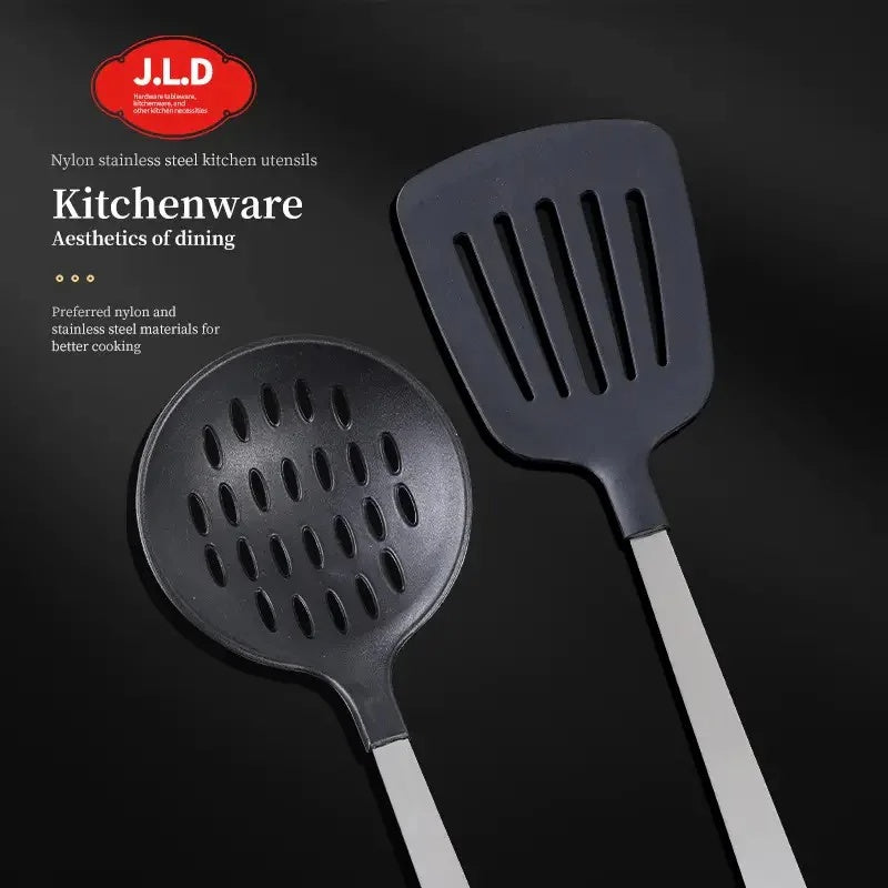 Shopi Vella nylon stainless steel kitchen utensil gift set with black slotted spoon and spatula