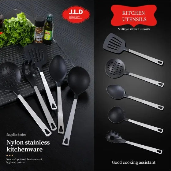 Shopi Vella nylon stainless kitchen utensil gift set including spatula, slotted spoon, soup ladle, solid spoon, and pasta server