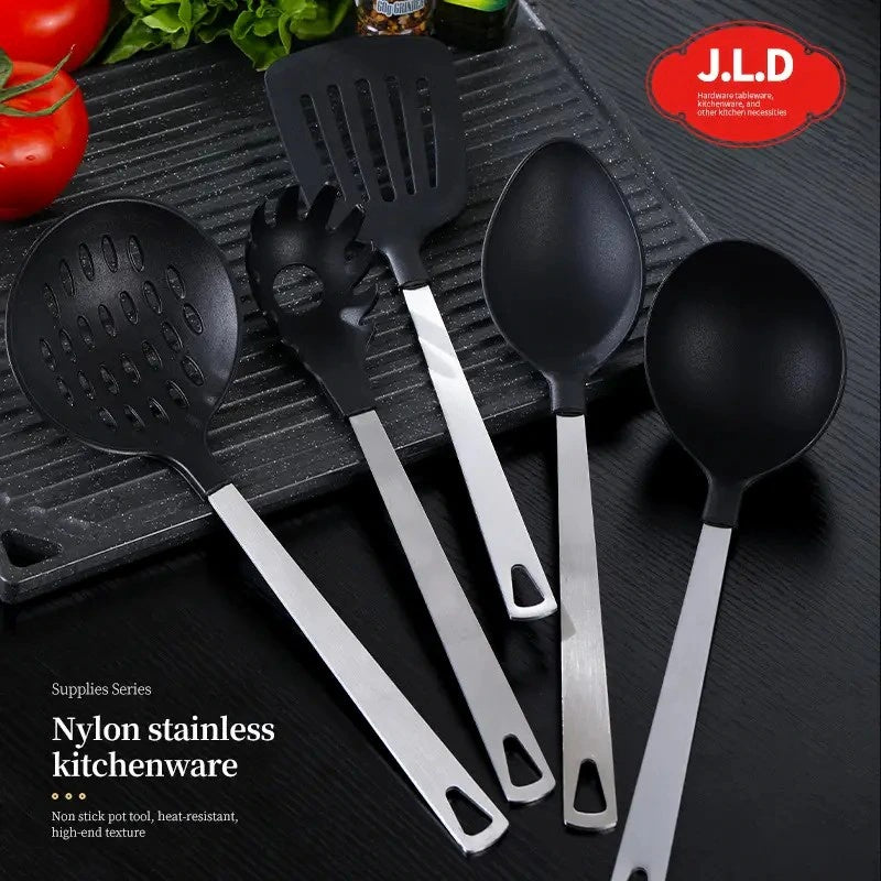 Shopi Vella kitchen utensil gift set with black nylon heads and stainless steel handles for durable kitchen storage