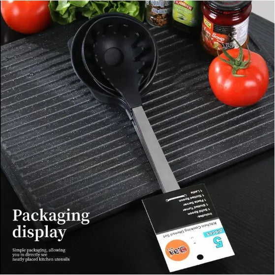 Shopi Vella black kitchen utensil gift set with five pieces including ladles and spoons on a cutting board
