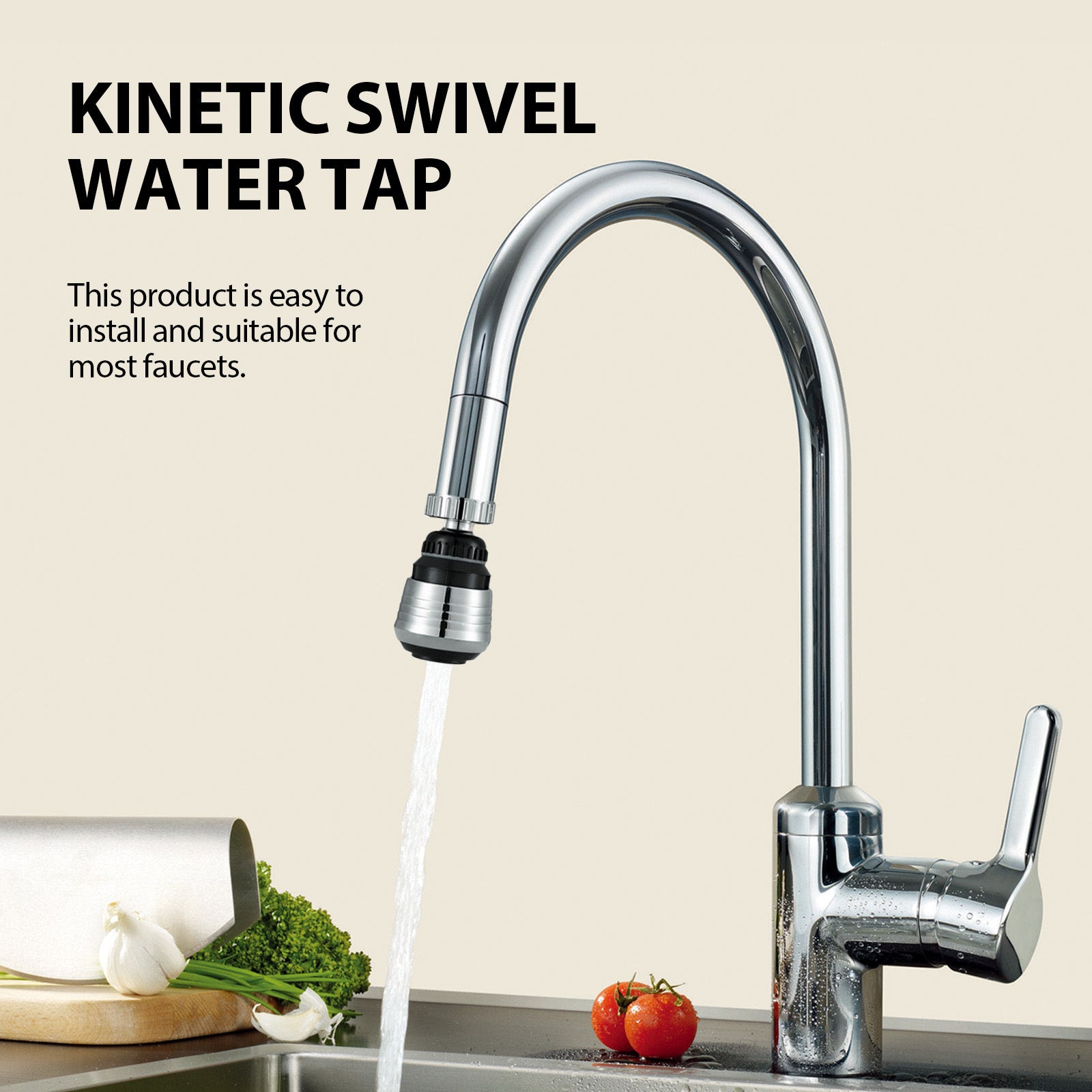 Shopi Vella kinetic swivel water tap with kitchen tap filter nozzle installed on sink faucet