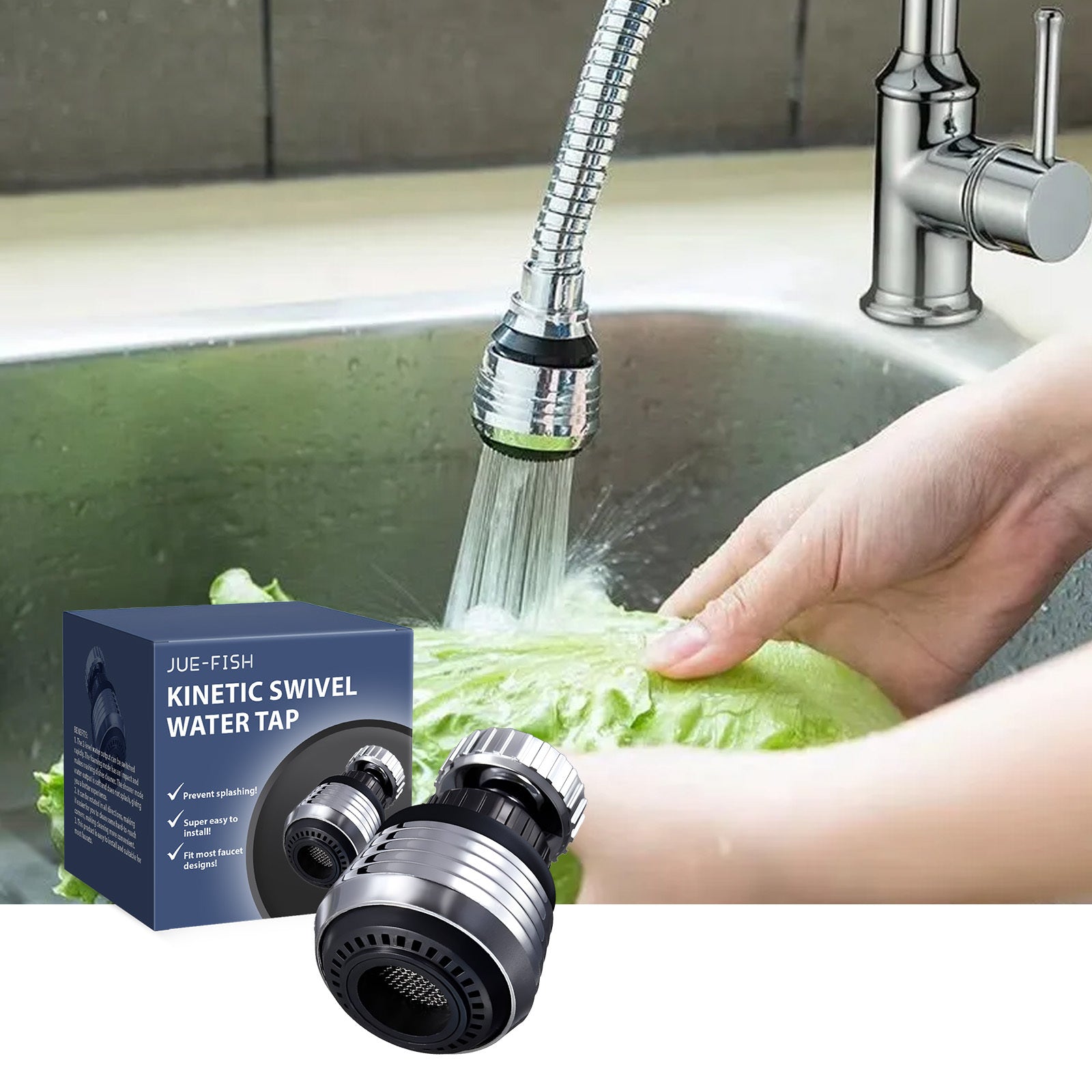 Shopi Vella kitchen tap filter nozzle attached to faucet spraying water on lettuce for cleaning