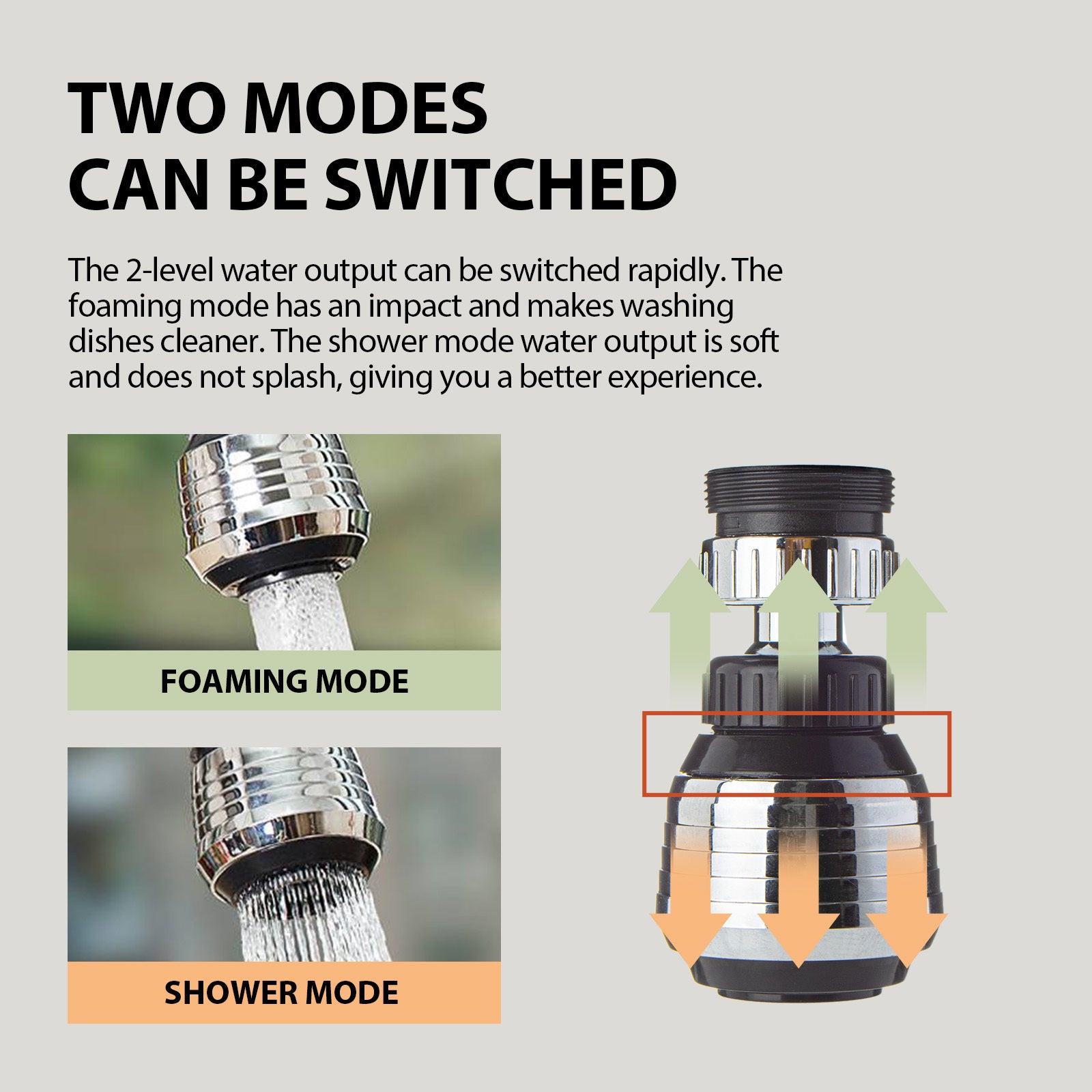 Shopi Vella kitchen tap filter nozzle showing two water output modes foaming and shower mode