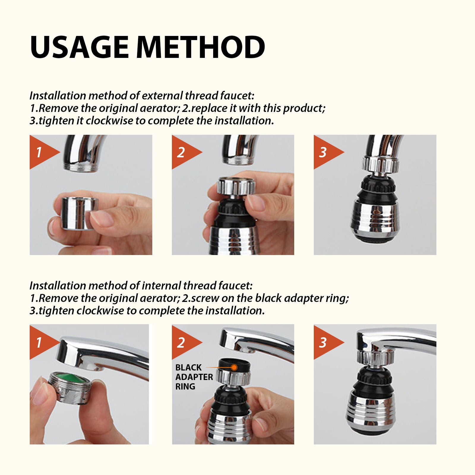 Step-by-step installation guide for kitchen tap filter nozzle on external and internal thread faucets