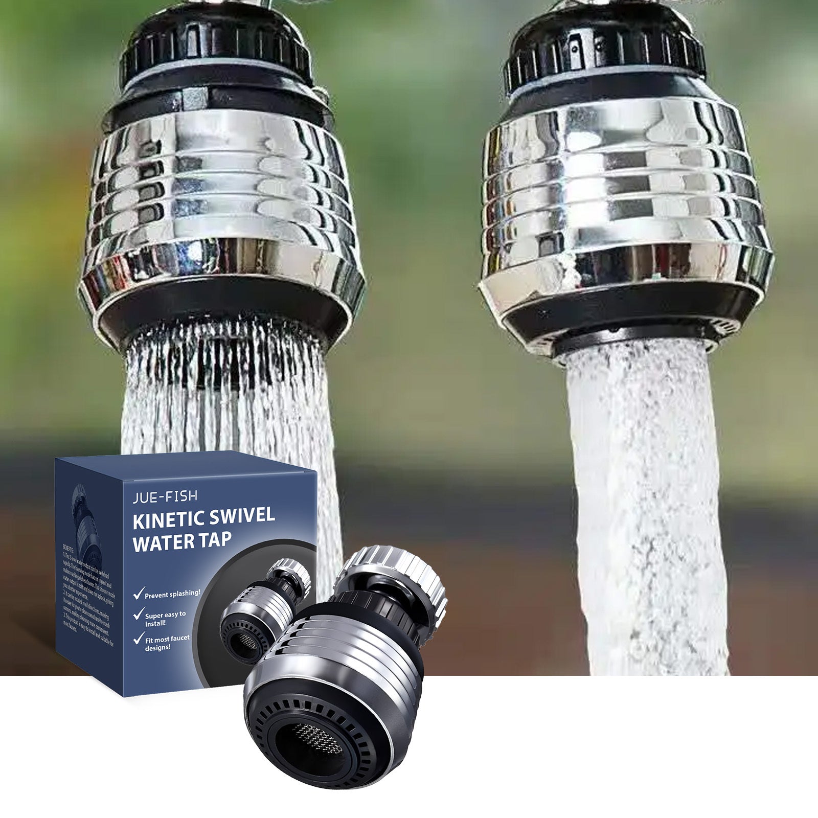 Shopi Vella kitchen tap filter nozzle showing water flow with kinetic swivel water tap and packaging