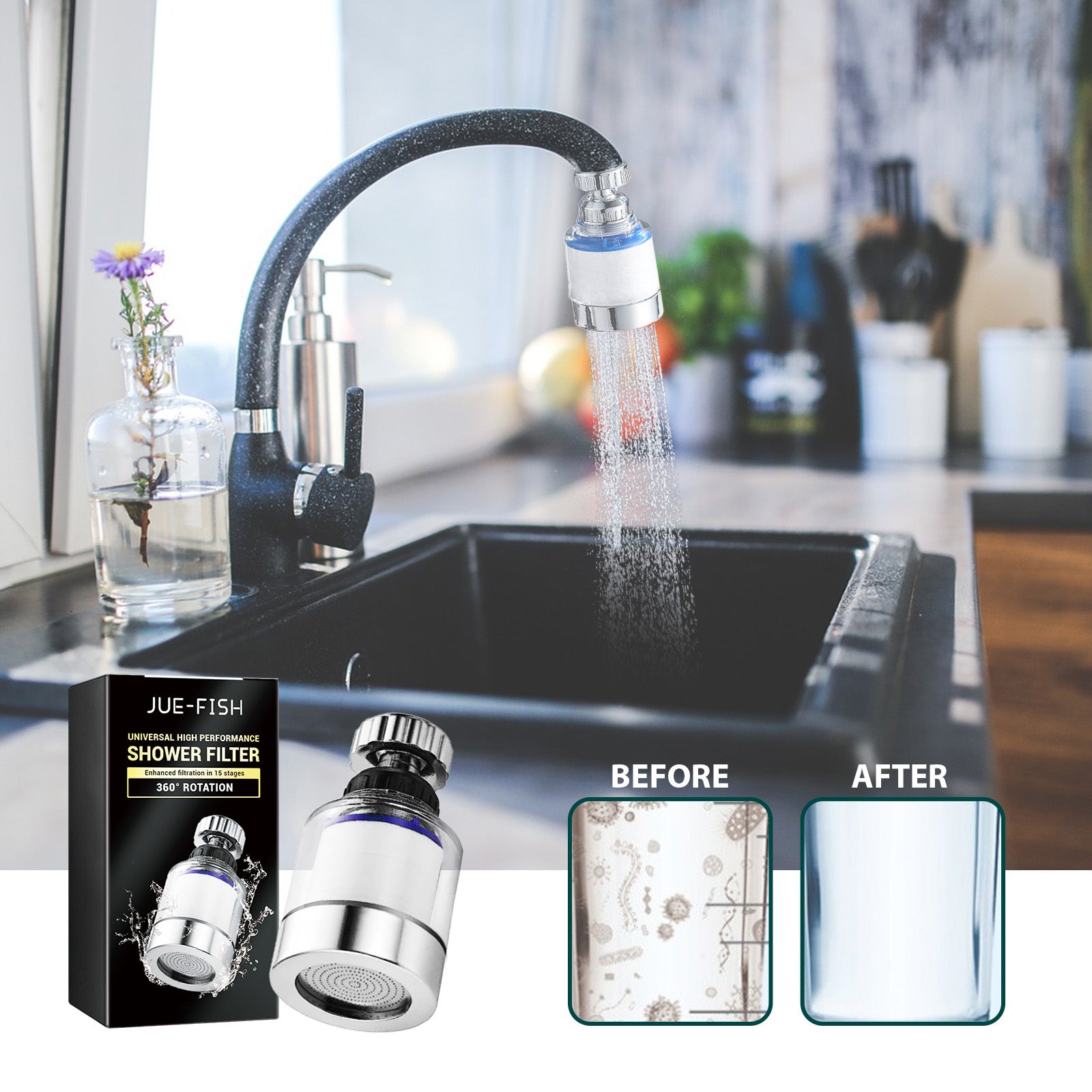 Shopi Vella bathroom faucet with kitchen water purifier for heavy metals and shower filter showing before and after water clarity