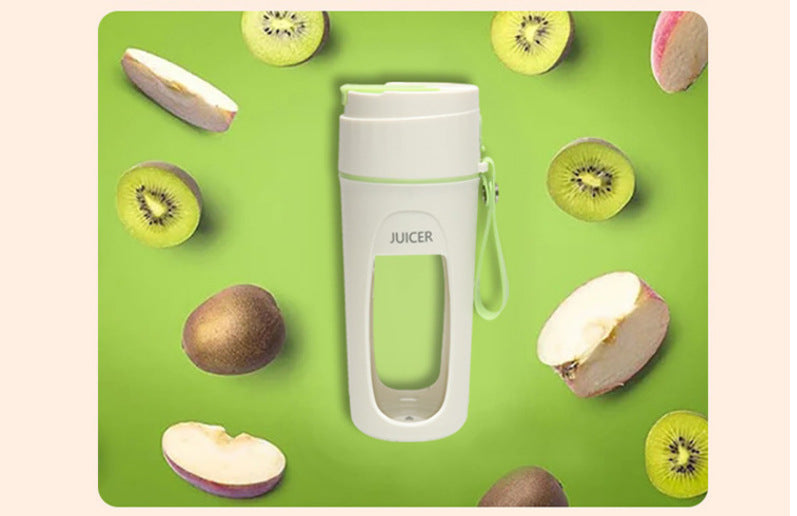 Shopi Vella white storage bottle shown as best portable blender for smoothies surrounded by fresh kiwi and apple slices