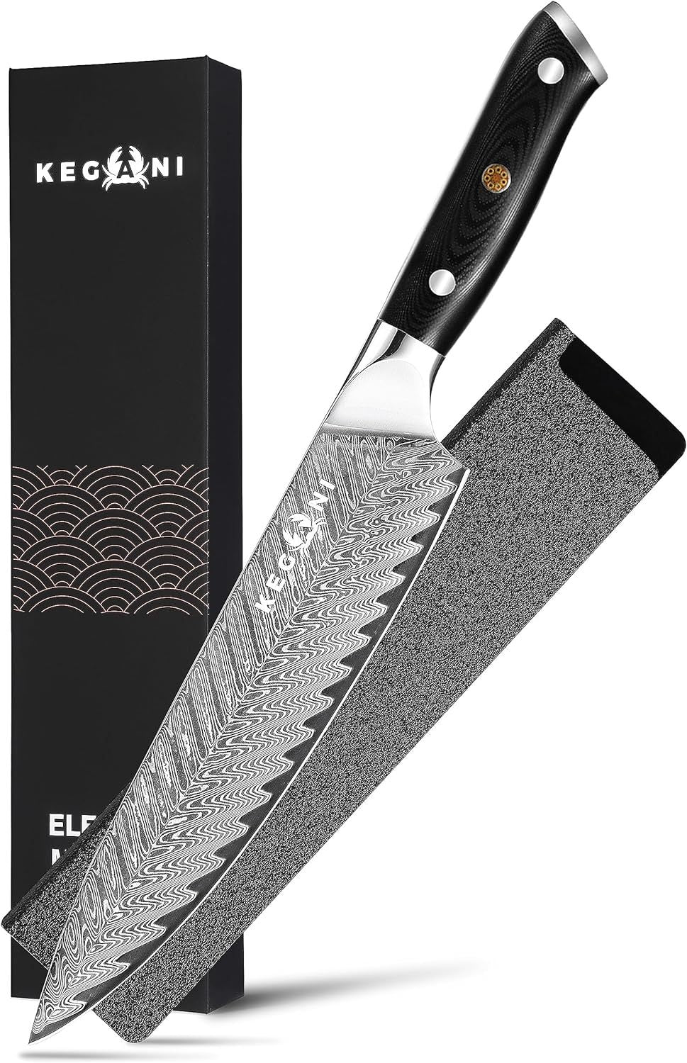 7 inch Chinese cleaver knife with sheath featuring a patterned blade and black ergonomic handle