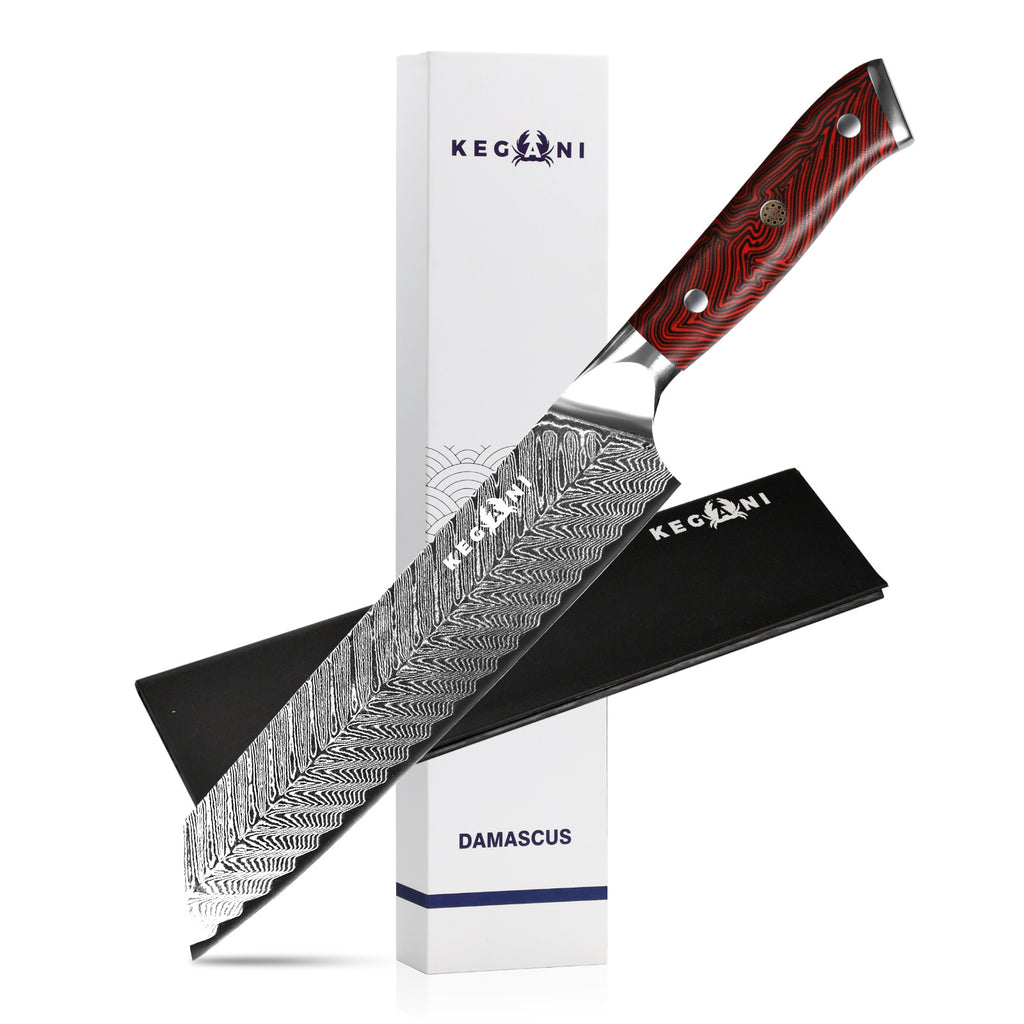 7 inch Chinese cleaver knife with sheath featuring Damascus steel blade and wooden handle by Shopi Vella