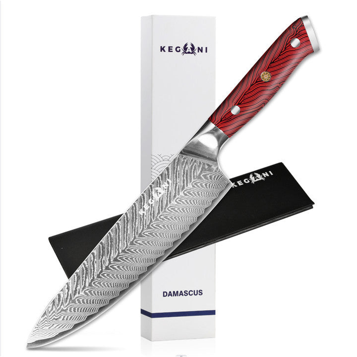 7 inch Chinese cleaver knife with sheath featuring a Damascus steel blade and red wood handle by Shopi Vella