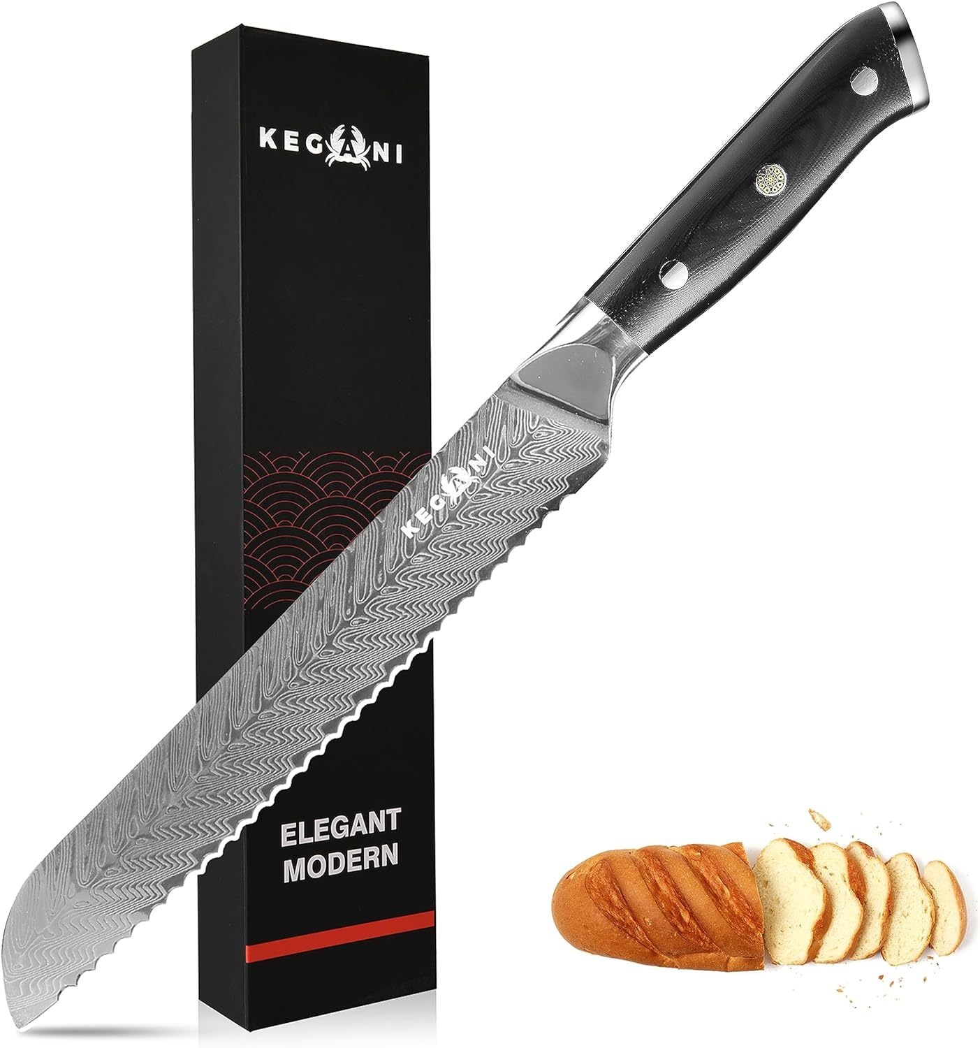 7 inch Chinese cleaver knife with sheath featuring a patterned serrated blade and black handle next to sliced bread