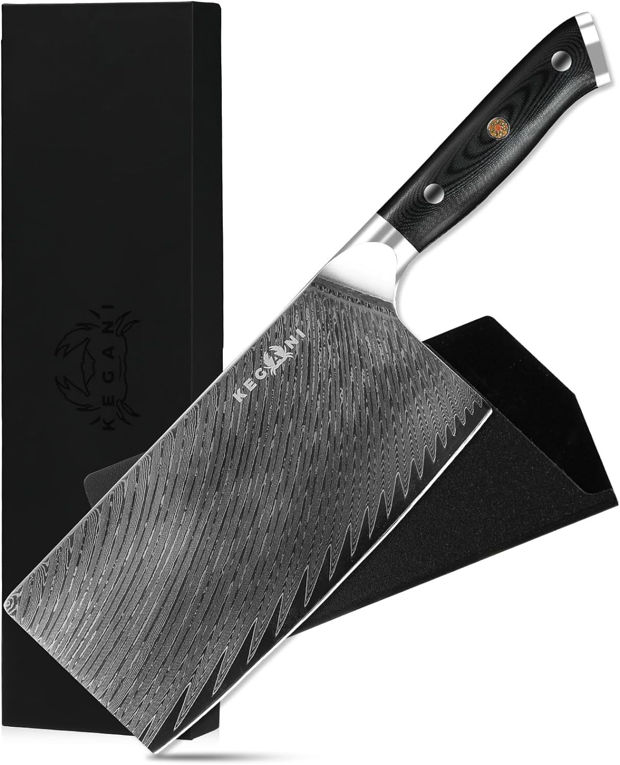 7 inch Chinese cleaver knife with sheath featuring a patterned steel blade and black ergonomic handle